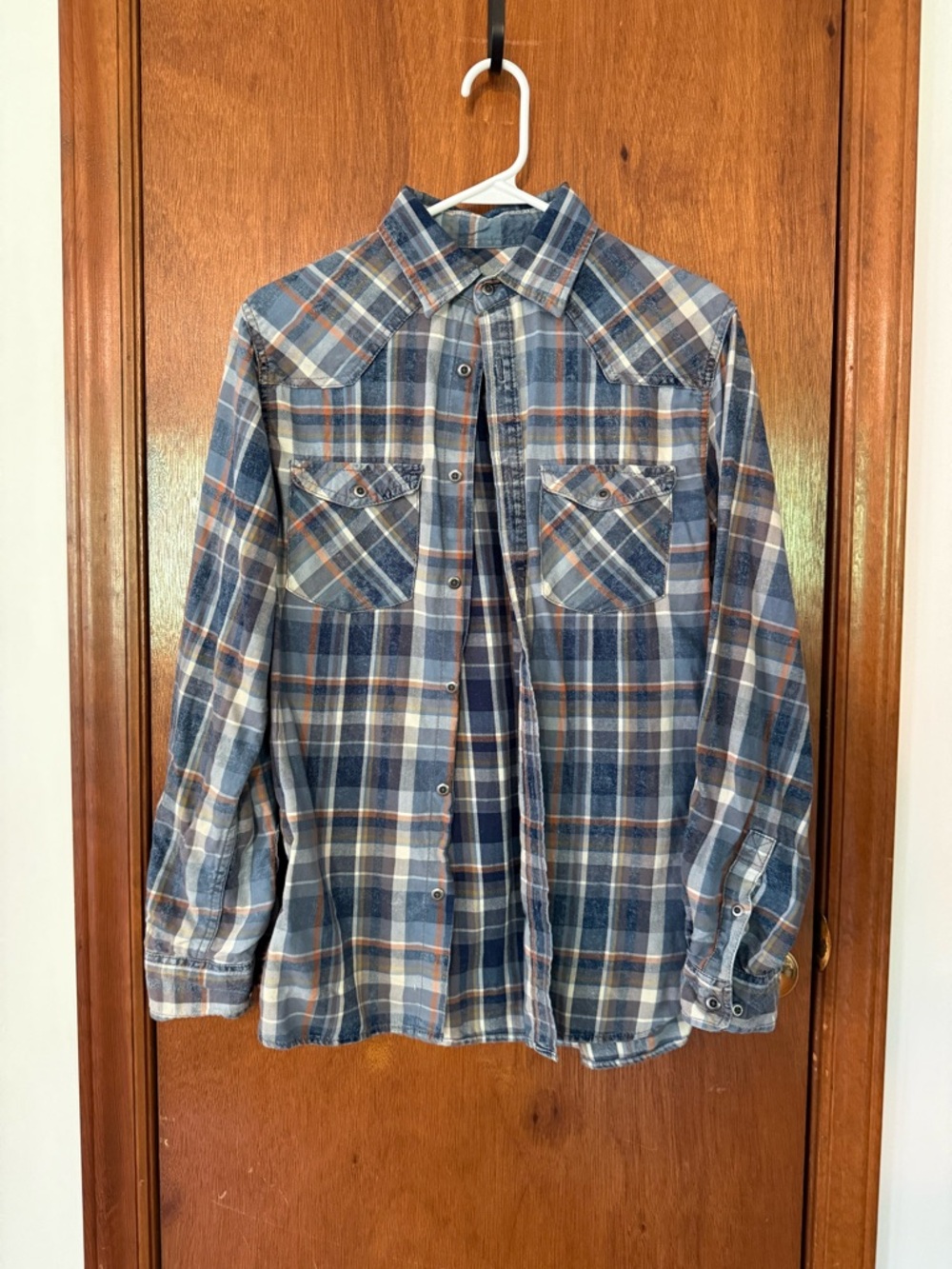 Men's Vintage Blue Plaid Button-Up Shirt - Classic Casual Style Size Small